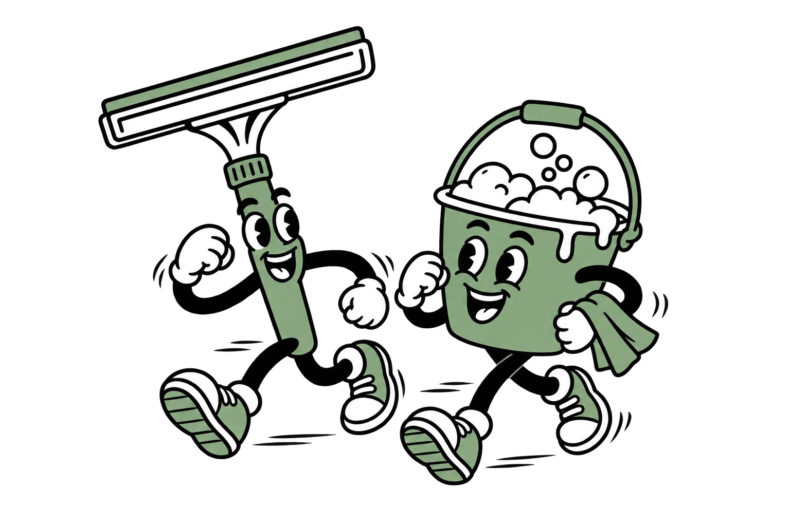 Sage Window Cleaning squeegee and bucket mascots